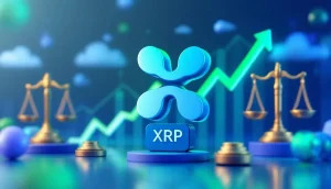 上昇するチャートを背景にしたリップル（XRP）のロゴ