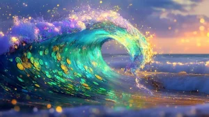 無数の光り輝く緑と青のソラナ（SOL）コインでできた夏の波が、砂浜に打ち寄せる様子を捉えた、鮮やかなデジタルアート作品。