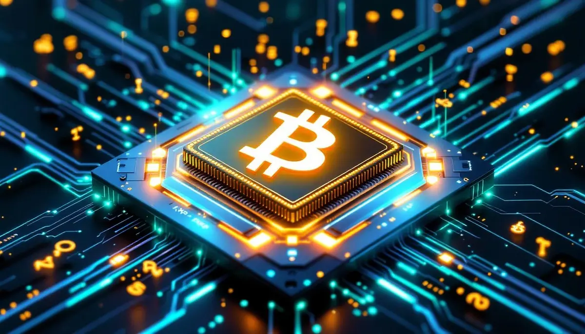 AIが選んだ仮想通貨のシンボルが輝く未来的なCPUのイメージ