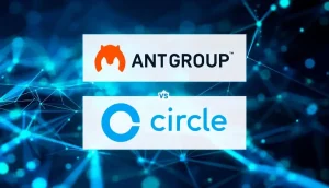 アント・グループとCircleのロゴがブロックチェーン上で交差する未来的な金融イメージ