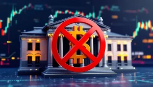 イングランド銀行の前に置かれた、赤いバツ印が付いたステーブルコインのシンボル。