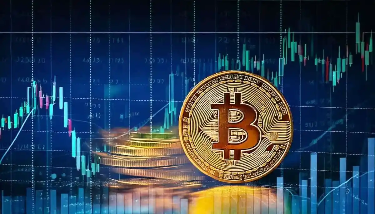 チャートを背景に仮想通貨が置かれている
