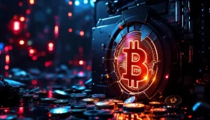 仮想通貨取引所のセキュリティ侵害を象徴する、砕かれたデジタルシールドと流出する暗号資産のイラスト