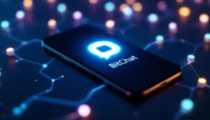 分散型メッセージアプリBitChatのロゴと、それを象徴するメッシュネットワークのイメージ