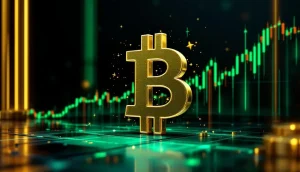 上向きのチャートを背景に、抵抗線を突き破るビットコインのシンボル