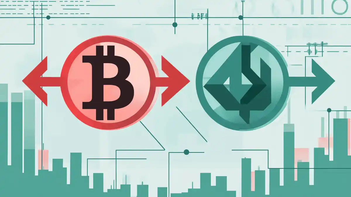 ビットコインとイーサリアムのETF資金フローを示す対照的な矢印のイラスト