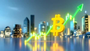 ビットコインのシンボルと価格上昇を示す緑色のグラフ。背景には近代的な都市のビル群が描かれている。