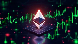 イーサリアムのロゴが輝き、背景には上昇する金融チャートが描かれている未来的なイメージ。