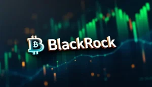 ブラックロックのロゴとビットコインのシンボルが描かれた未来的な金融グラフ