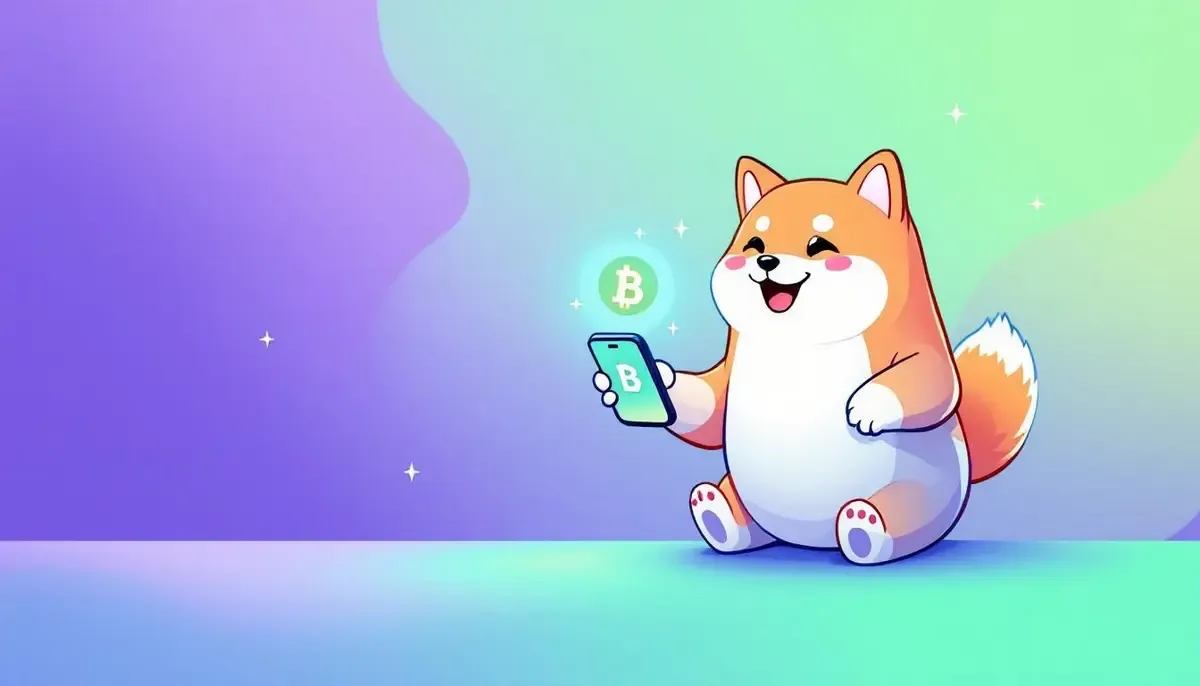 Bonkのロゴが表示されたスマートフォンを操作する犬