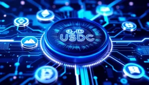 複数のブロックチェーンに接続されたUSDCのシンボルが描かれた未来的なイメージ。