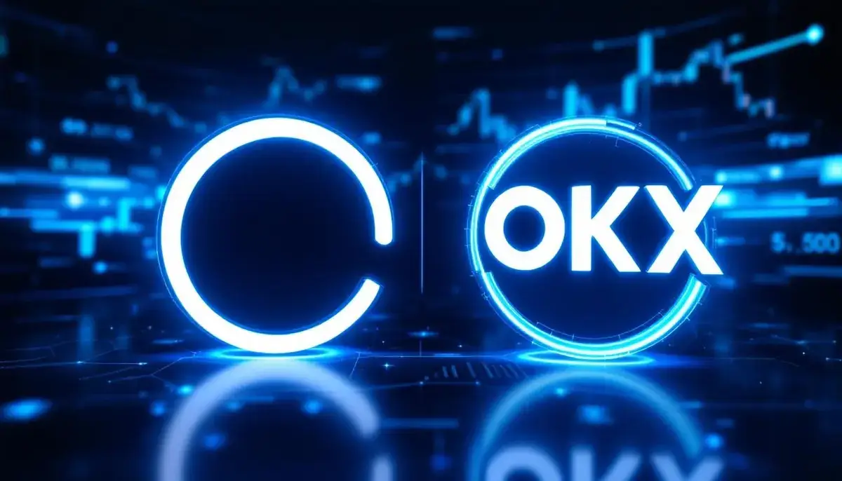 サークルとOKXのロゴが並び、ブロックチェーンネットワーク上で連携している