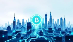 ウォール街のビル群の中央に輝くビットコインのシンボルとETFからの資金流入
