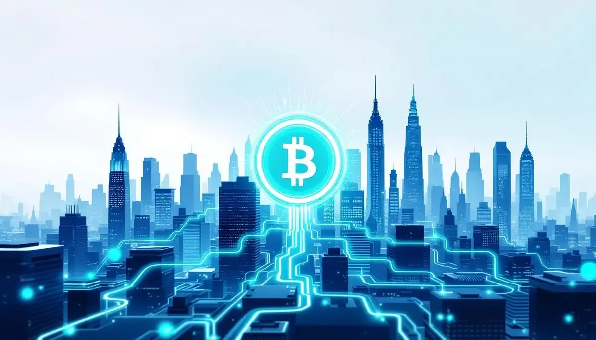 ウォール街のビル群の中央に輝くビットコインのシンボルとETFからの資金流入