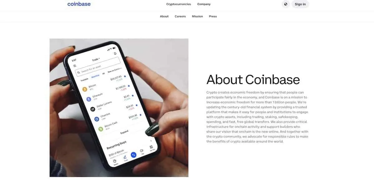 コインベースの公式サイトファーストビュー