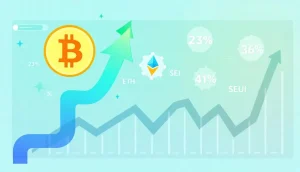 ビットコインからアルトコインへ資金が流れる様子を表現したアイソメトリックイラスト
