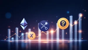 リップル、イーサリアム、Pi Coinのロゴが並び、将来の価格上昇を示すグラフのイラスト