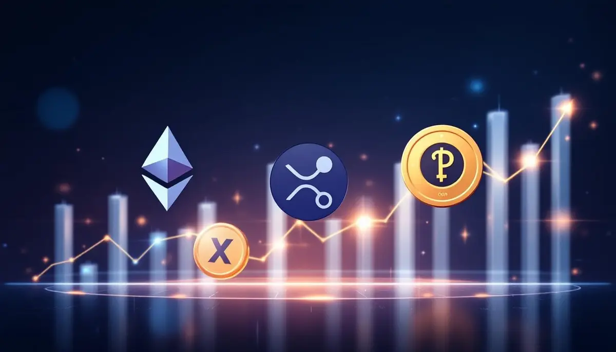 リップル、イーサリアム、Pi Coinのロゴが並び、将来の価格上昇を示すグラフのイラスト