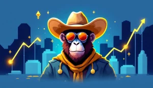 ピクセルアートのキャラクター（CryptoPunk）と上昇するチャートを示すイラスト