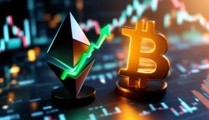 イーサリアムとビットコインのロゴが並び、イーサリアムが優勢であることを示す金融チャートの背景画像