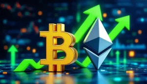 上昇を示す矢印と共に描かれたビットコインとイーサリアムのシンボル