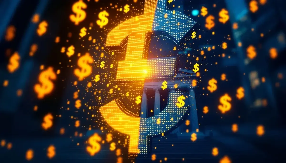 欧州中央銀行の建物と米ドルステーブルコインのシンボル