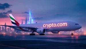 仮想通貨決済の導入を発表したエミレーツ航空の機体とCrypto.comのロゴ