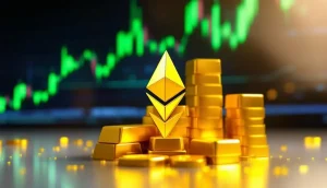 イーサリアムのロゴとデジタルな金の延べ棒