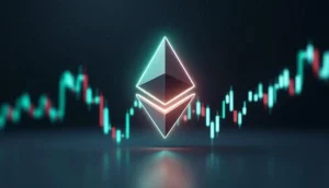イーサリアムのロゴと背景に表示された上昇する金融チャート