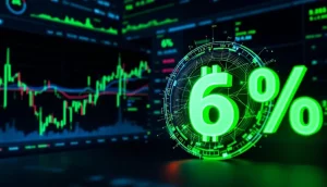 ビットコインのシンボルと利回りを示すグラフが描かれた未来的な金融インターフェース