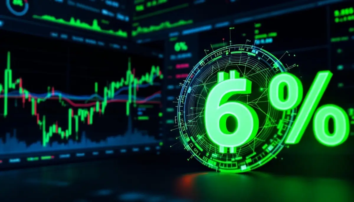 ビットコインのシンボルと利回りを示すグラフが描かれた未来的な金融インターフェース