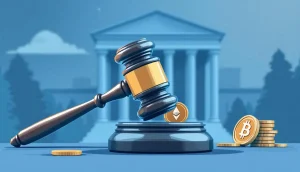 裁判所の小槌と暗号資産のコインが描かれたイラスト