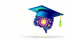 ブロックチェーンとAIのシンボルが輝くデジタル脳と卒業帽のイラスト