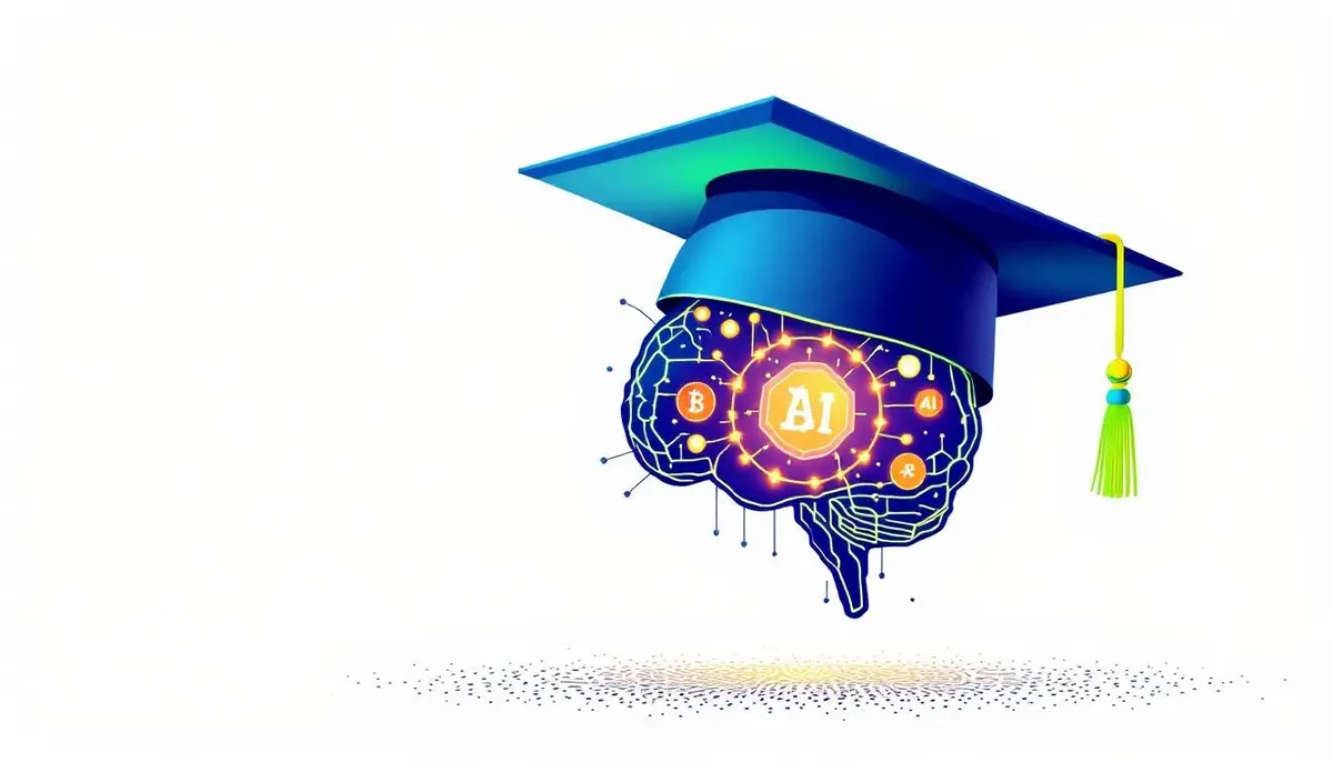 ブロックチェーンとAIのシンボルが輝くデジタル脳と卒業帽のイラスト