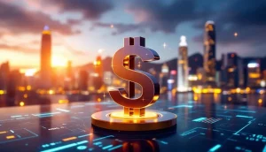 香港ドルを模したデジタル通貨とHSBCのロゴ