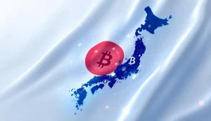 日本の地図と暗号資産のシンボル