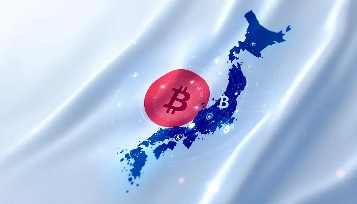 日本の地図と暗号資産のシンボル