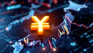 ステーブルコインの規制と将来性を象徴する、デジタル背景に浮かぶ日本の円マークの3Dレンダリング
