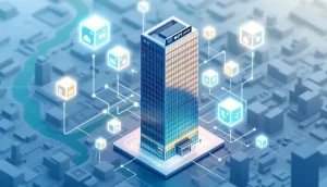 三菱UFJの大阪高層ビルとブロックチェーン上のデジタルブロック