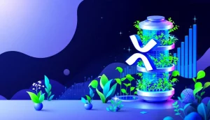垂直農法とXRPロゴが融合した未来的なイラスト