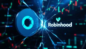 対立するOpenAIとRobinhoodのロゴと、背景に表示されるデジタル株価チャート