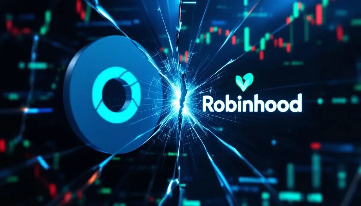 対立するOpenAIとRobinhoodのロゴと、背景に表示されるデジタル株価チャート