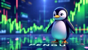 ミームコインPENGUを象徴するペンギンのキャラクターが、Hyperliquidの取引画面上に立っている未来的なイメージ