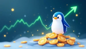 ミームコインPENGUのキャラクターと上昇するチャートを示すイラスト
