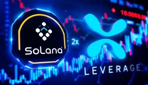 ソラナ（SOL）とリップル（XRP）のロゴが並び、背景に上昇する金融チャートが表示されている未来的なイメージ