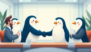 Pudgy Penguinsのキャラクターがビジネスパートナーと握手