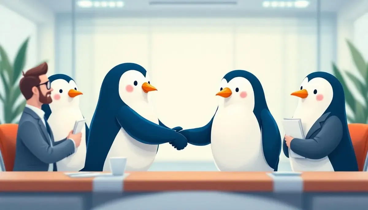 Pudgy Penguinsのキャラクターがビジネスパートナーと握手