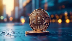ビットコインのシンボルが置かれた日本円硬貨と東京証券取引所