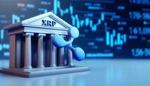 リップルのロゴと伝統的な銀行の建物が融合した画像
