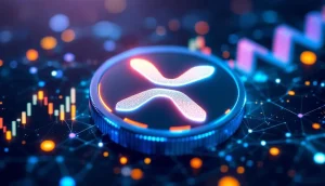 上昇するチャートを背景に輝くリップル（XRP）のロゴ